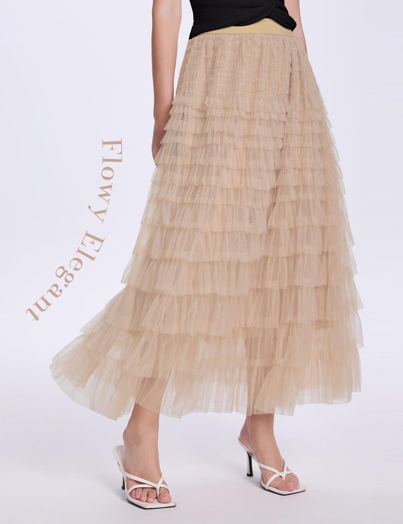 PEHMEA Women's Tulle Maxi Skirt High Waist Elastic Tiered Ruffle A-Line Flowy Party Wedding Guest Skirts Comfortable Daily Wear(Champagne-M) - Image 5
