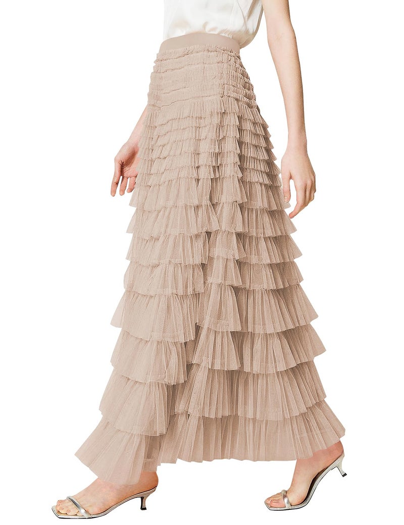 PEHMEA Women's Tulle Maxi Skirt High Waist Elastic Tiered Ruffle A-Line Flowy Party Wedding Guest Skirts Comfortable Daily Wear(Champagne-M) - Image 1