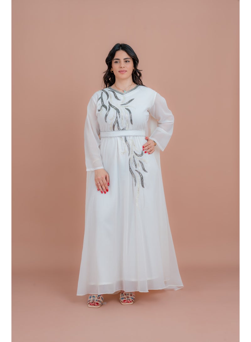 اكسا كفتان أنيق بحزام قطعتين أبيض - Image 1