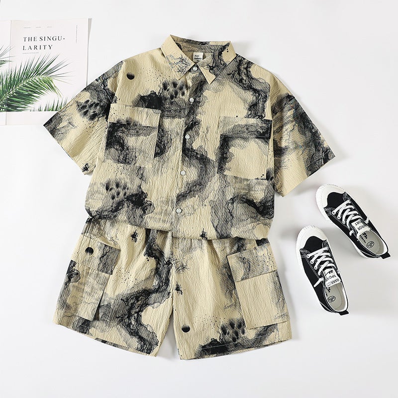Boys Summer Suit 2023 Thin Ink Painting Short Sleeve Shirt with Shorts Khaki
