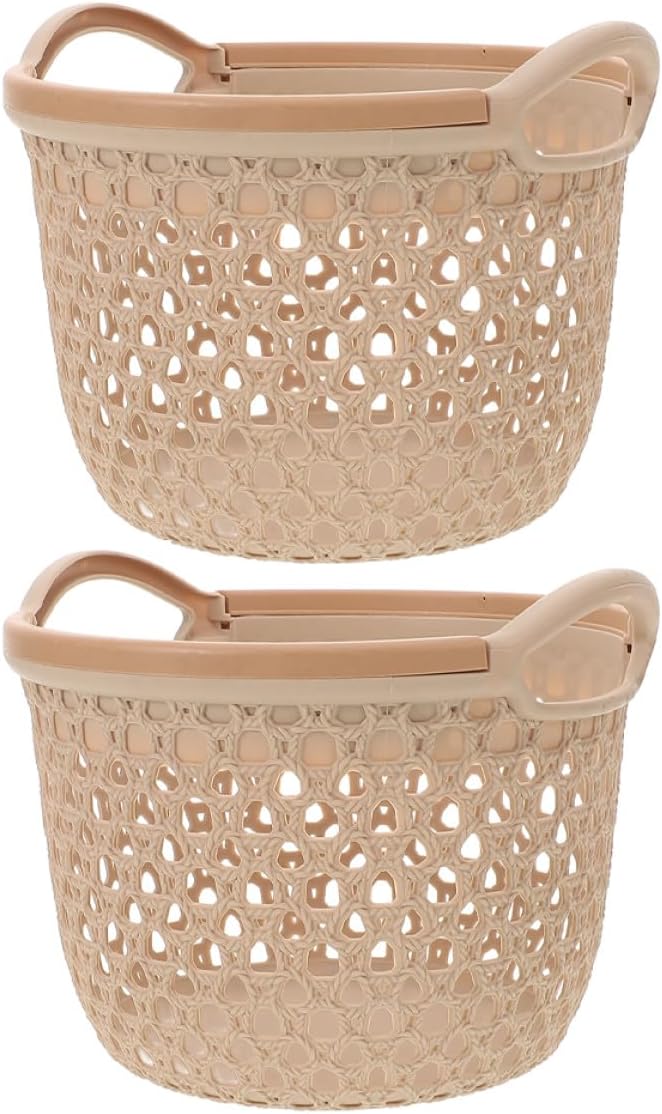 2pcs Waterproof Plastic Laundry Hamper with Handles, Small Beige Hollow out Dirty Clothes Basket Organizer for Home Bathroom Bedroom Storage - Image 1