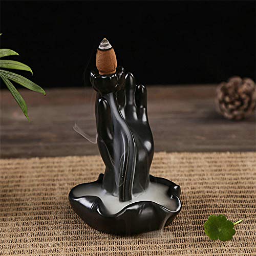 CRAFTAM Polyresin Decorative Smoke Backflow Cone Incense Holder with 10 Smoke Cones (Flower in Hand, Black - Image 1