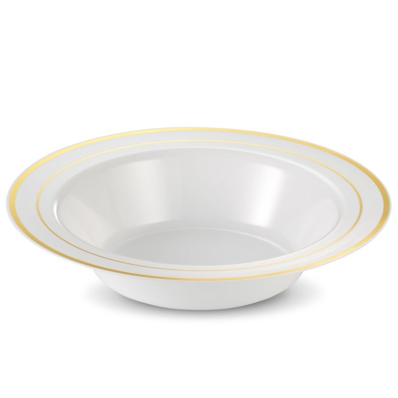 Munfix 50 Gold Plastic Bowls Set  12oz Disposable Soup Bowls  Fancy Party Bowls  Heavy Duty Cereal Bowls  Elegant Dinner Bowls  White with Gold Rim Dessert Bowls - Image 2