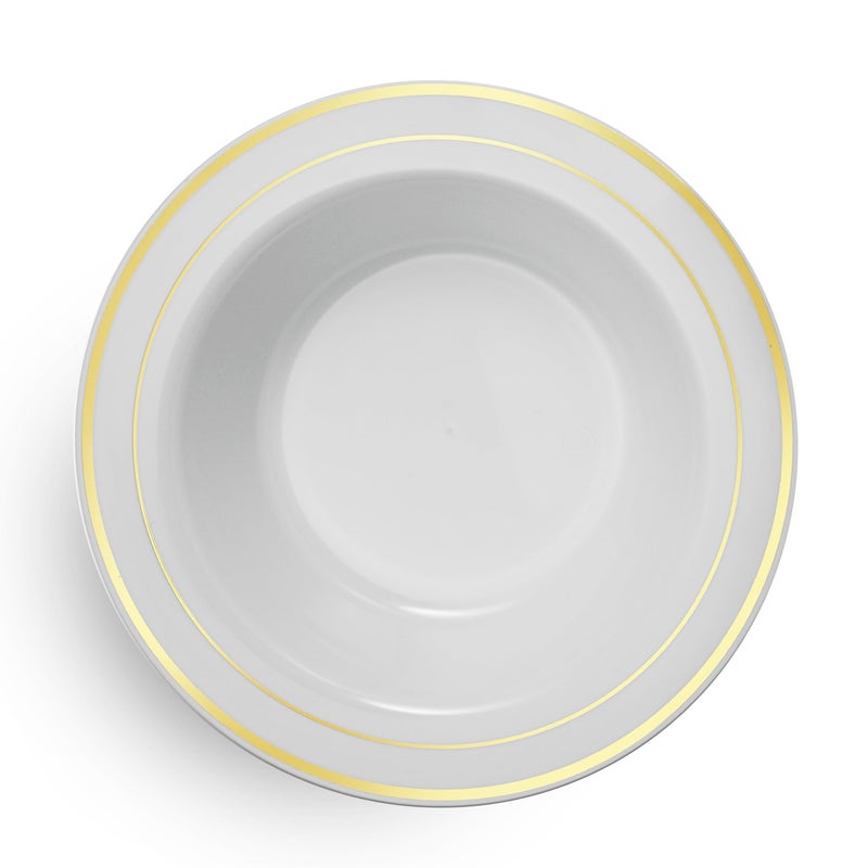 Munfix 50 Gold Plastic Bowls Set  12oz Disposable Soup Bowls  Fancy Party Bowls  Heavy Duty Cereal Bowls  Elegant Dinner Bowls  White with Gold Rim Dessert Bowls - Image 3