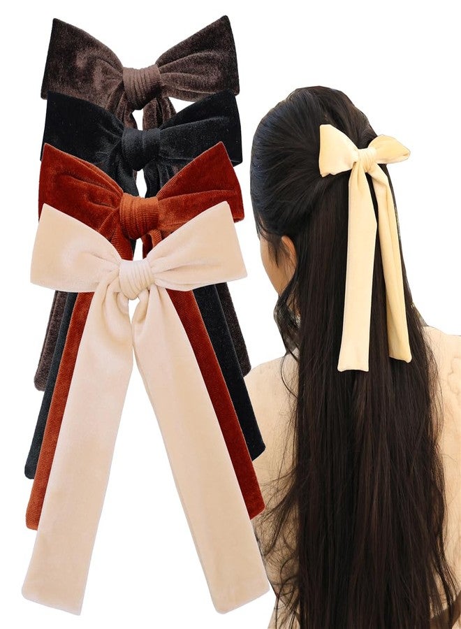 Sugarmelon 4 PCS Long Tail Velvet Bow Hair Clips for Girl Kids Baby Mom Ponytail Cheer Bows Alligator Clip Young Girls and Women Fall Winter Velvet Hair Accessories (Cream/Fall/Black/Brown) - Image 1
