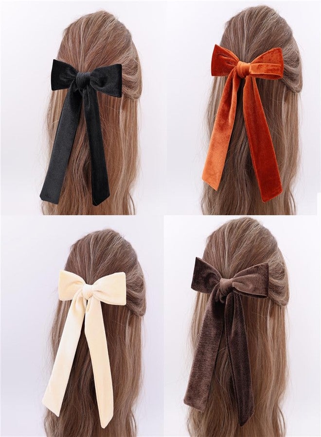 Sugarmelon 4 PCS Long Tail Velvet Bow Hair Clips for Girl Kids Baby Mom Ponytail Cheer Bows Alligator Clip Young Girls and Women Fall Winter Velvet Hair Accessories (Cream/Fall/Black/Brown) - Image 2
