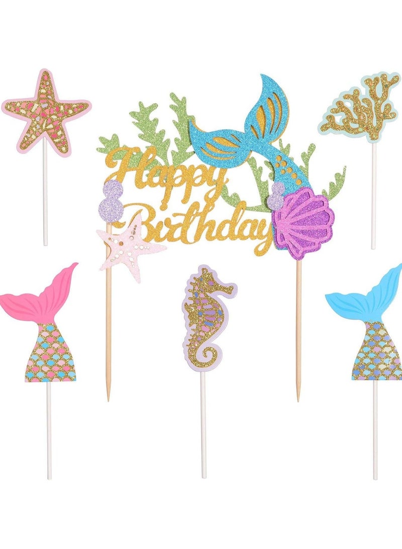 Glitter Mermaid Happy Birthday Cake Topper Decoration and 5 Pieces Gold Glitter Mermaid Cake Decoration for Mermaid Baby Shower Birthday Party Supplies  - Image 1