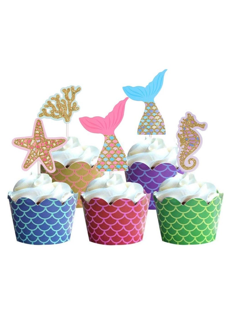 Glitter Mermaid Happy Birthday Cake Topper Decoration and 5 Pieces Gold Glitter Mermaid Cake Decoration for Mermaid Baby Shower Birthday Party Supplies  - Image 2