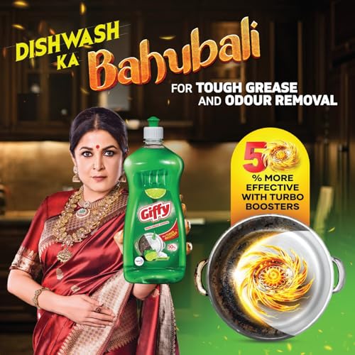 Giffy Liquid Dishwash Gel | 750ml | Green Lime & Active Salt | 50% More Effective | Tough Grease Removal Expert | Turbo Boosters | Mild fragrance | Removes Tough Malodour | Hand-Safe - Image 5