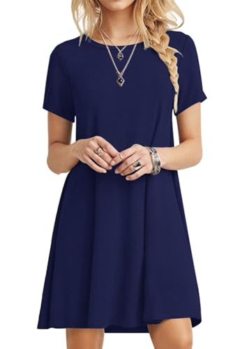 POPYOUNG Women's T Shirt Summer Dress Short Sleeve Casual Swing Dress with Pockets Loose Fit Dress Medium, Navy Blue - Image 1