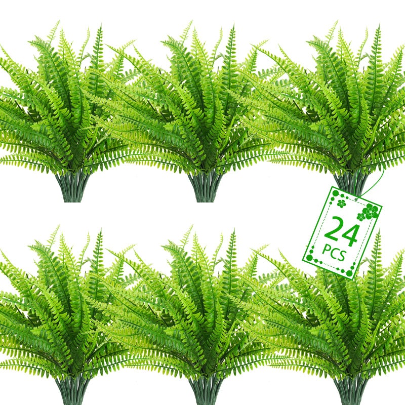 uieke 24 PCS سرخس اصطناعي للهواء الطلق المزيف بوسطن الزناخ النباتات الخضراء في الهواء الطلق أشعة الشجيرات المقاومة للبلاستيك شجيرات للنافذة