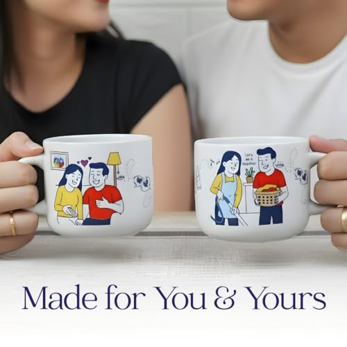 Femora His & Her Ceramic Couple Mug Set (2-Pack) | 350ml | Off-White Matte Finish | Large Coffee Cups for Couples, Engagement, Anniversary Gift - Image 3