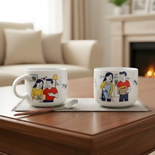 Femora His & Her Ceramic Couple Mug Set (2-Pack) | 350ml | Off-White Matte Finish | Large Coffee Cups for Couples, Engagement, Anniversary Gift - Image 2
