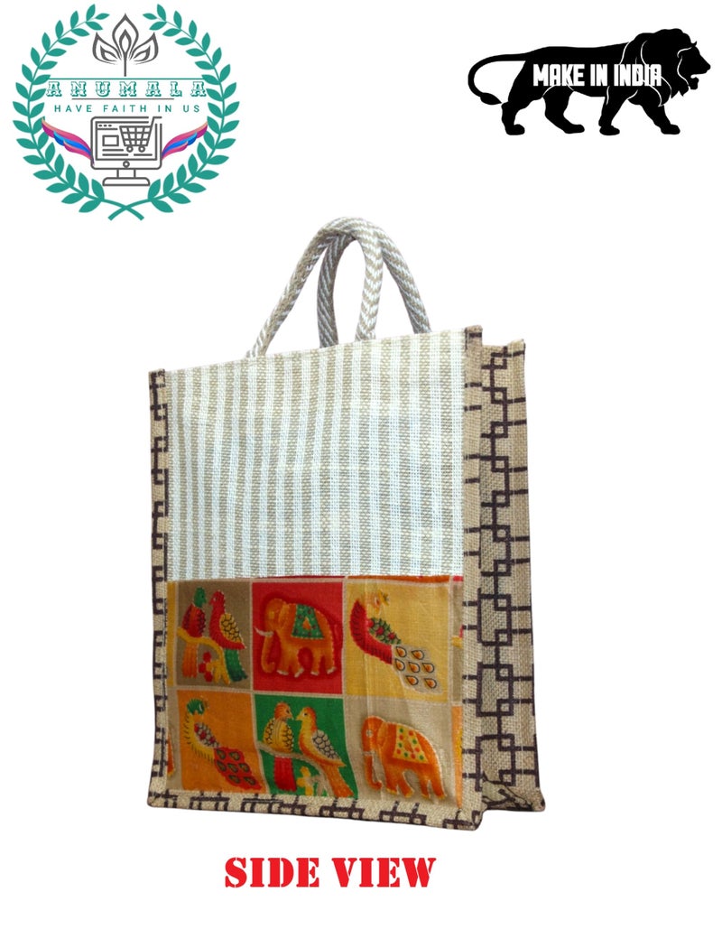 Anumala® Handmade Kalamkari Jute Bag|With Zipper and Artistry with Traditional Indian Craftsmanship for a Sustainable| Unique Fashion Statemen for Multi Purpose. (12x5x14) inches (Pack Of 1) - Image 5