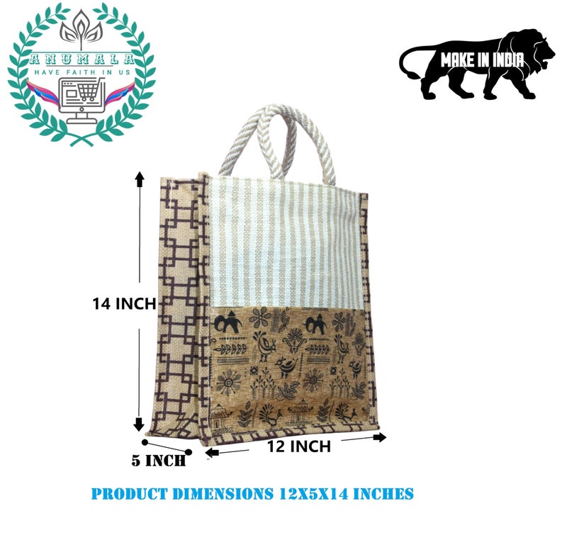 Anumala® Handmade Kalamkari Jute Bag|With Zipper and Artistry with Traditional Indian Craftsmanship for a Sustainable| Unique Fashion Statemen for Multi Purpose. (12x5x14) inches (Pack Of 1) - Image 3