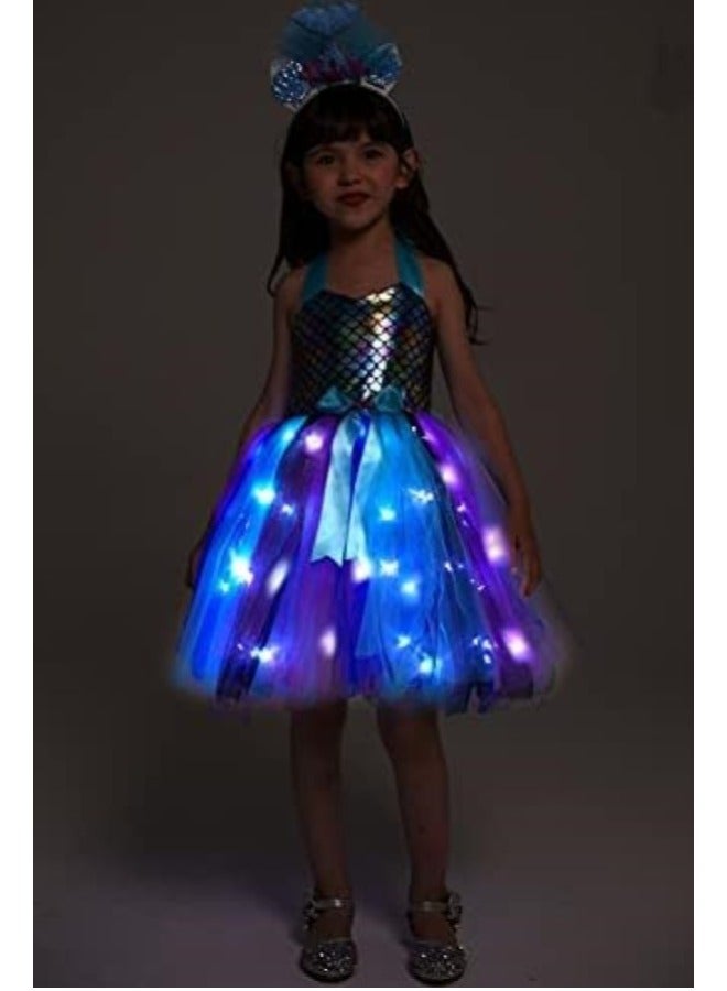 GUDOO فتاة حورية البحر فستان الأميرة مع أضواء LED، ارتدي هدية الأميرة فستان هدية عيد الميلاد (5-8 سنوات من العمر XL) - Image 2