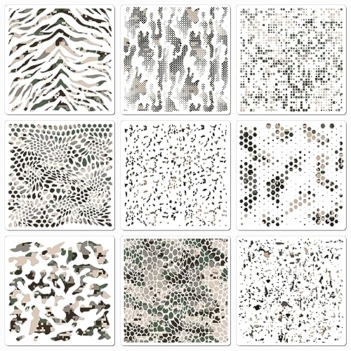 Boqon 9 Pieces Camo Stencils for Spray Paint, Camouflage Pattern Stencils Templates Reusable Digital Camo Paint Stencils for Boat DIY Crafts Spray Painta (11.8 × 11.8 in Camo) - Image 1