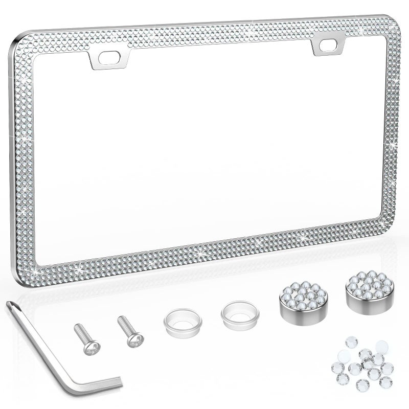 Share&Care Bling License Plate Frame  Crystal License Plate Cover  Car License Plate Holder With Rhinestone Crystal Diamond Screw Set - 1 Pack (White1) - Image 1
