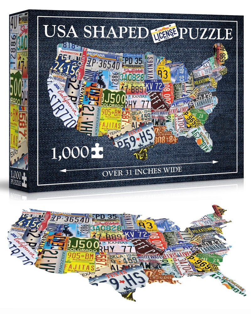 TDC Games USA License Plate Map 1000 Piece Jigsaw Puzzle in the Shape of the US - 31 inches long - Cool Wall Art - Image 1