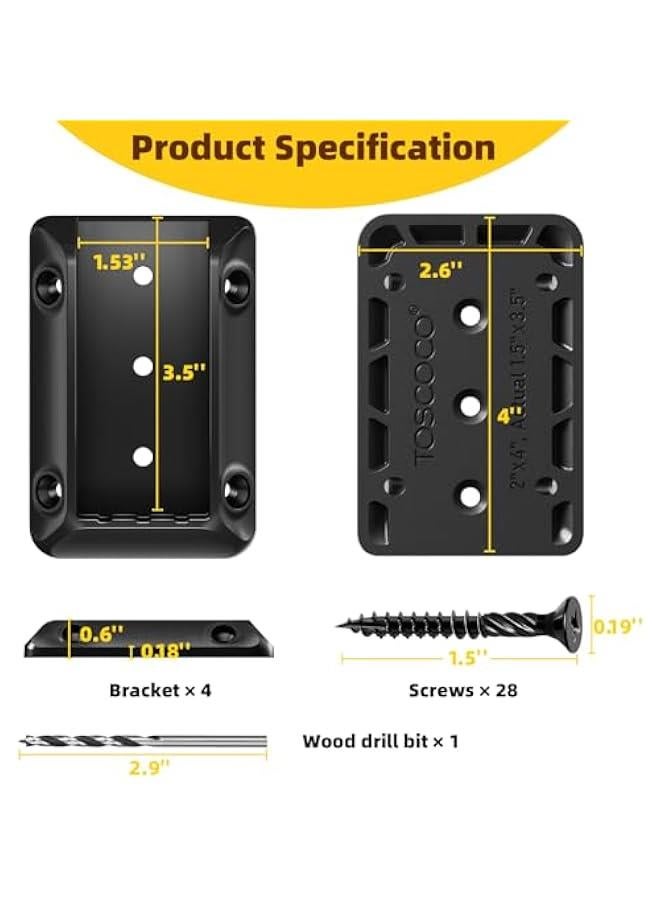 Arabest 4 pcs Deck Railing Bracket Connectors for 2”×4“ (1.5 × 3.5”) Deck Railing Wood Post, Railing Bracket for Wood Stair Fence Railings Handrail with Coated Screws and a Drill Bit, Fence Brackets - Image 2