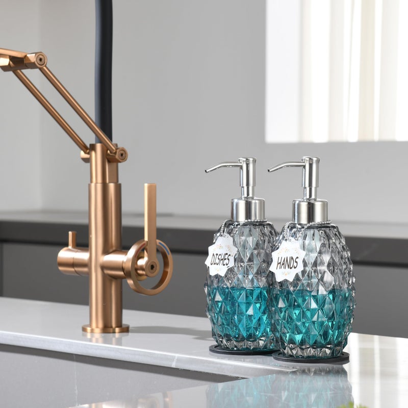 MALACHI Soap Dispenser Set, Crystal-Textured Diamond Glass with Rustproof Stainless Steel Pump, Dual-Labelled Hand & Dish Soap Dispenser for Kitchen & Bathroom - Image 5