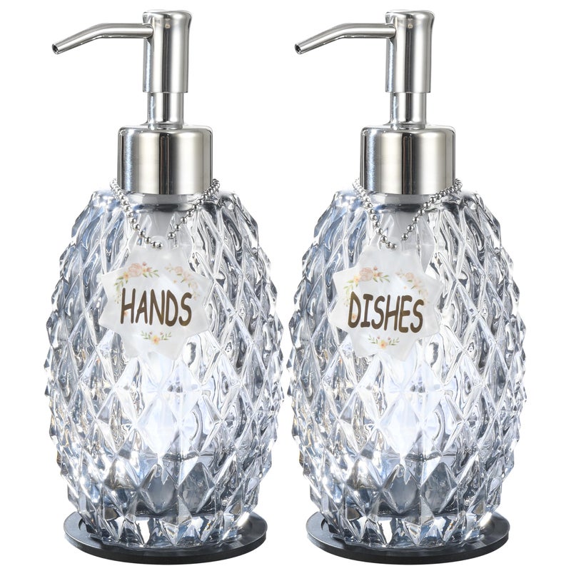 MALACHI Soap Dispenser Set, Crystal-Textured Diamond Glass with Rustproof Stainless Steel Pump, Dual-Labelled Hand & Dish Soap Dispenser for Kitchen & Bathroom - Image 1
