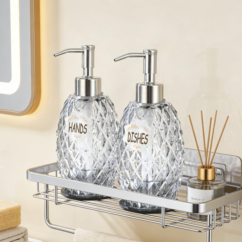 MALACHI Soap Dispenser Set, Crystal-Textured Diamond Glass with Rustproof Stainless Steel Pump, Dual-Labelled Hand & Dish Soap Dispenser for Kitchen & Bathroom - Image 4