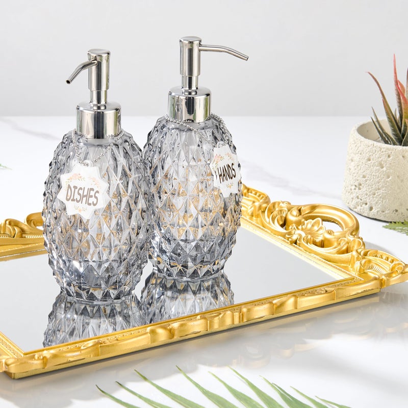 MALACHI Soap Dispenser Set, Crystal-Textured Diamond Glass with Rustproof Stainless Steel Pump, Dual-Labelled Hand & Dish Soap Dispenser for Kitchen & Bathroom - Image 3