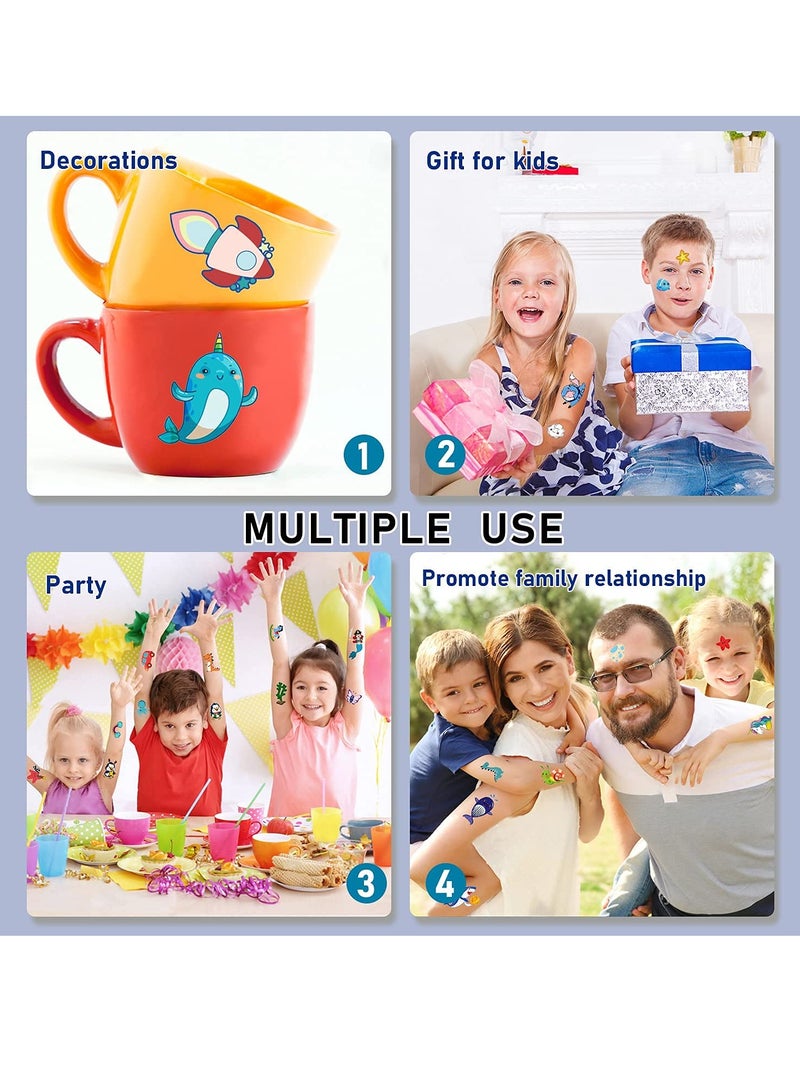 KASTWAVE تاتو مؤقت يتلألأ لاحتفالات الأطفال، ملصقات تاتو زرقاء لامعة بمزيج من التصاميم تضم وحيد القرن / الديناصور / حورية البحر / الفضاء، زينة حفلات عيد ميلاد الأطفال (20 ورقة) - Image 4