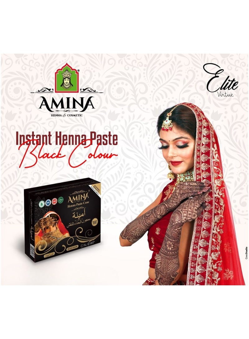 أمينا حناء أمينة سريعة التحضير، مخروط حناء | مع مجموعة مجانية من 3 ملصقات/استنسلات كاملة | بدون مواد كيميائية | يدوم طويلاً | عبوة من 12 قطعة، كل منها 25 غرامًا | لون أسود - Image 4