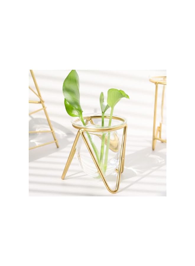 The Bros مزهرية زجاجية مع قاعدة معدنية، مزهرية زهور هندسية ذهبية، مزهرية صغيرة لحفلات الزفاف، مركز طاولة، غرفة المعيشة، حاويات نباتية لتكاثر الزراعة المائية، محطة تكاثر حاوية التيراريوم - Image 3