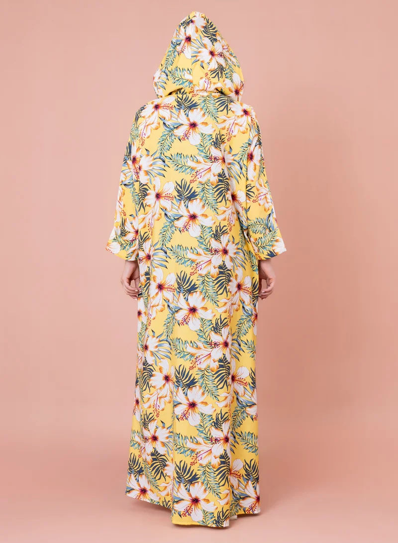 IKKXA Floral Printed Hoodie Jalabiya IK1030 Yellow