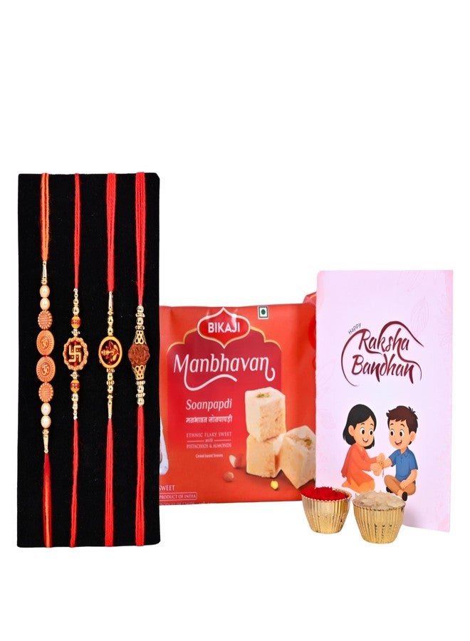 Poorak Rakhi Hamper – 4 Rakhi, Son Papdi (200g), Roli Chawal & Greeting Card - Image 1