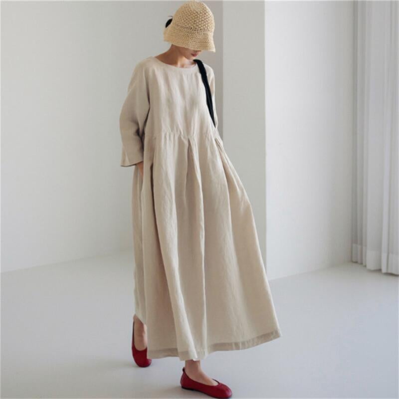 Foreign Trade Cross-border Japan and South Korea 2024 Autumn and Autumn New Loose Pullover Round Neck Over-knee Large Pose Dress Cotton and Linen dress Off-white 