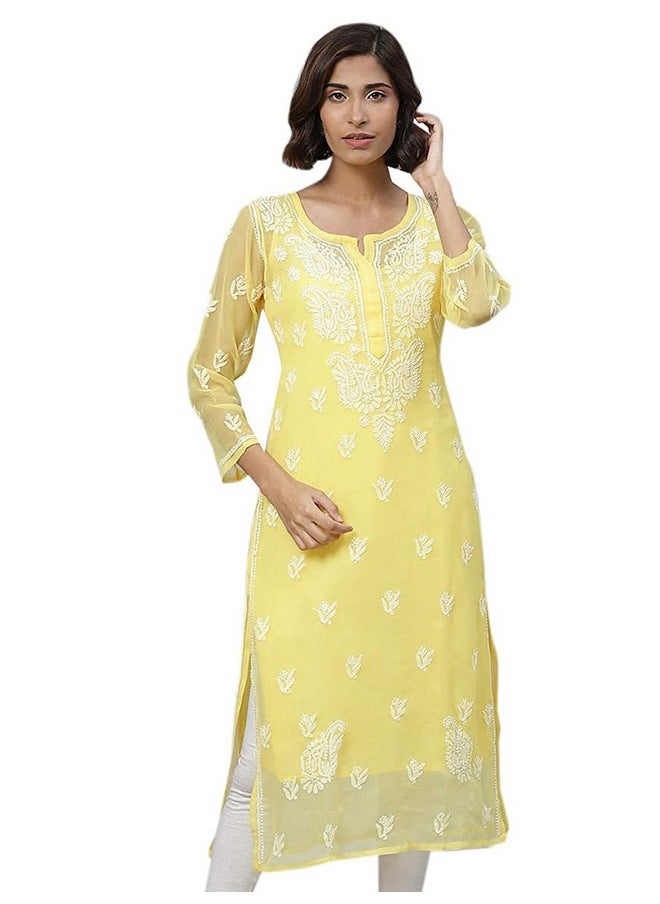 ADA - Ada Hand Embroidery Lucknowi Chikankari Women's Georgette Kurta with Slip A411128 (L, Yellow) - Image 1