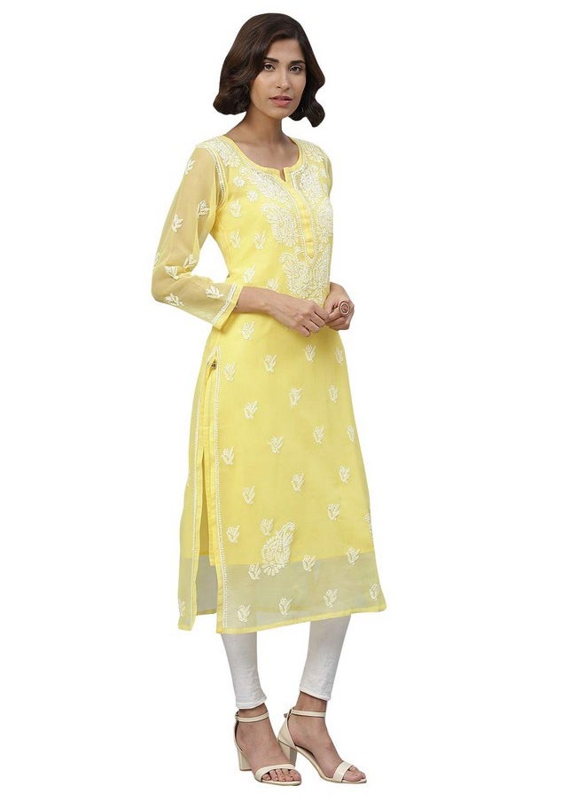 ADA - Ada Hand Embroidery Lucknowi Chikankari Women's Georgette Kurta with Slip A411128 (L, Yellow) - Image 1