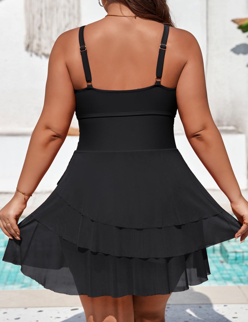 Charmo Plus Size Swimsuit for Women 2026 Tummy Control Twist Front One Piece Swimdress Flowy Sheer Modest Bathing Suit Black 1X - Image 2
