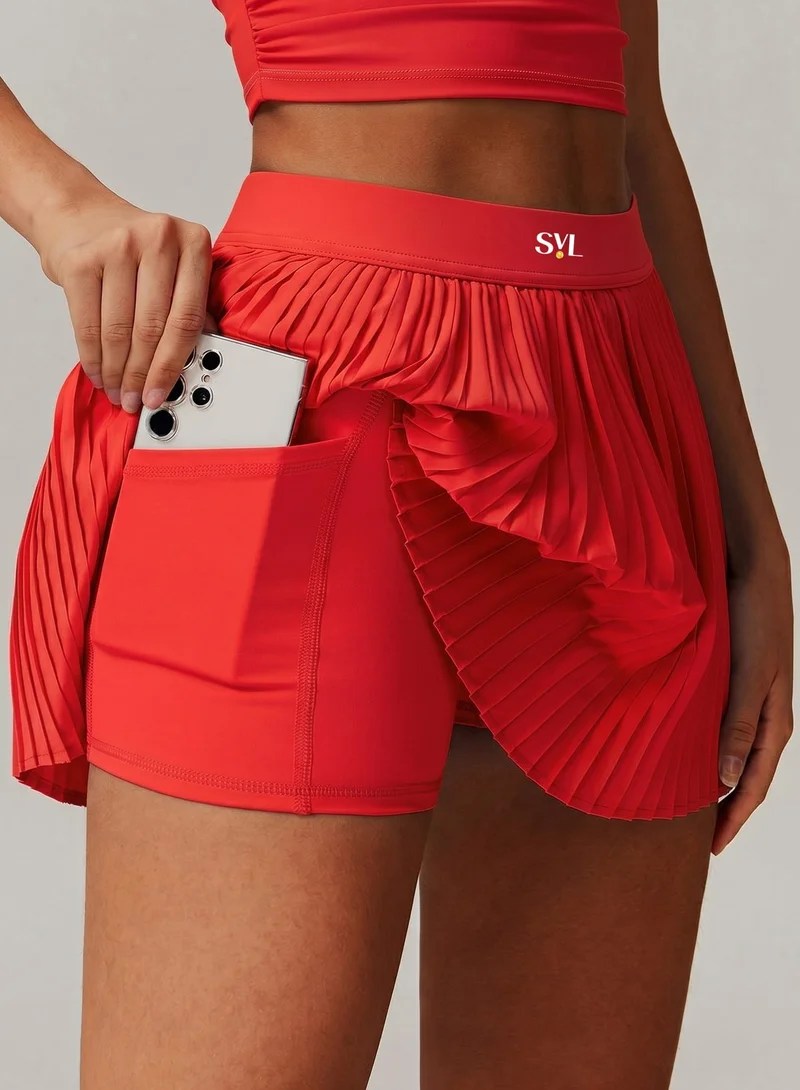 SVL High-Waist  Padel & Tennis Skirt with Built-in Shorts and Pocket - Red - SVL