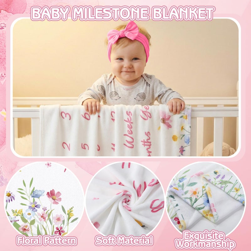 Guiqulai Floral Baby Monthly Milestone Blanket for Girls Flannel Blanket Newborn Infant Swaddle Baby Growth Blanket Photography Background with Wooden Signs,Frames,Headband - Image 3