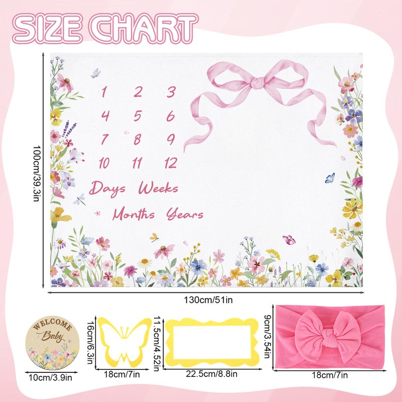 Guiqulai Floral Baby Monthly Milestone Blanket for Girls Flannel Blanket Newborn Infant Swaddle Baby Growth Blanket Photography Background with Wooden Signs,Frames,Headband - Image 2