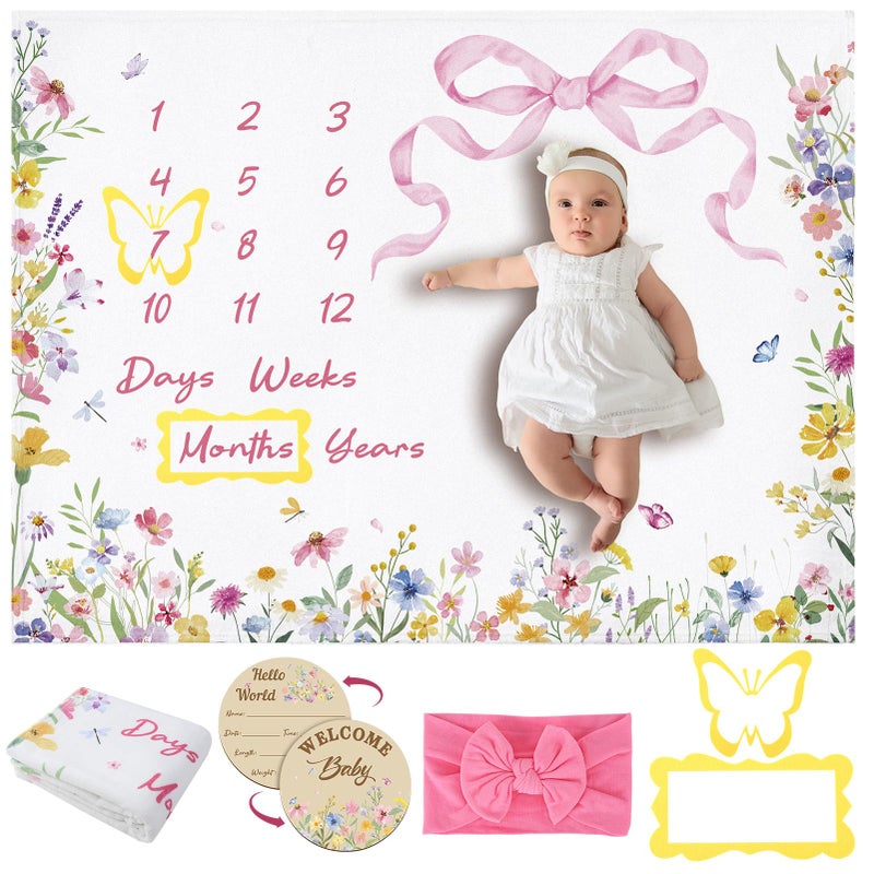 Guiqulai Floral Baby Monthly Milestone Blanket for Girls Flannel Blanket Newborn Infant Swaddle Baby Growth Blanket Photography Background with Wooden Signs,Frames,Headband - Image 1