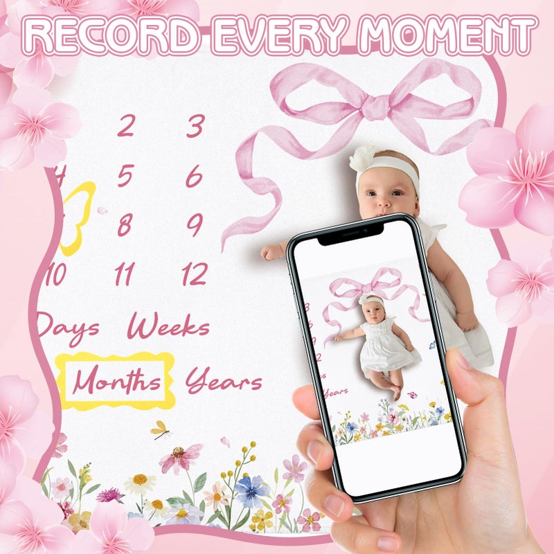 Guiqulai Floral Baby Monthly Milestone Blanket for Girls Flannel Blanket Newborn Infant Swaddle Baby Growth Blanket Photography Background with Wooden Signs,Frames,Headband - Image 5