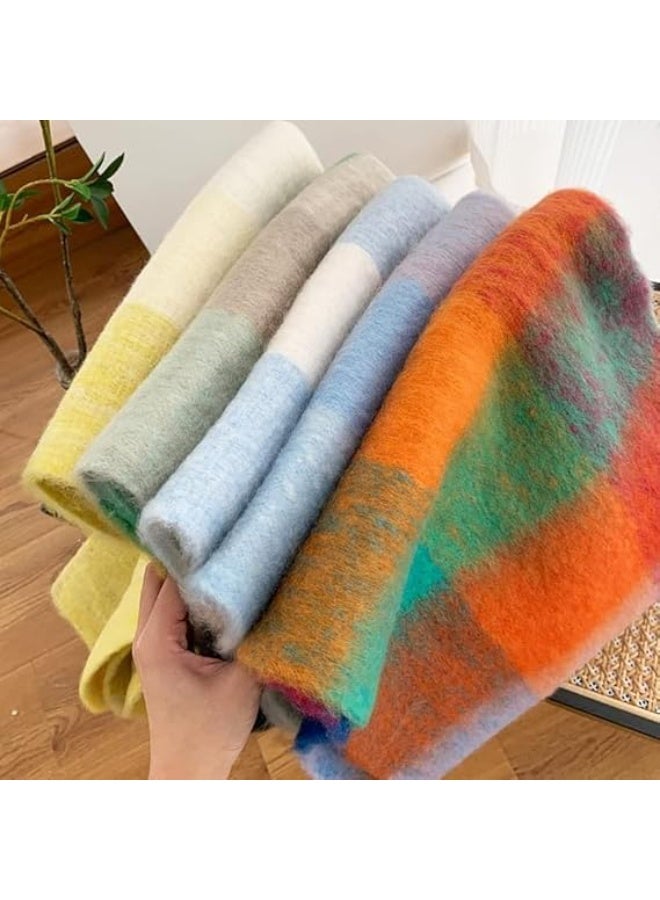 HZYH Winter Scarf for Women, Thick Knit Plaid Long Oversized Scarf, Soft Cashmere Feel Warm Shawl Wrap with Tassels, Cold Weather Fashion Blanket Scarf, Pink Green - Image 4