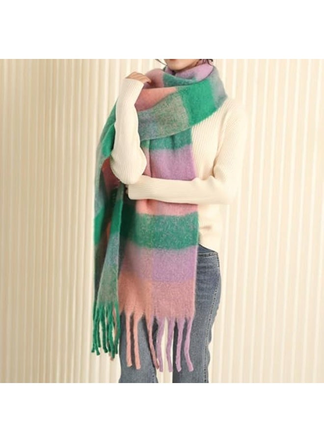 HZYH Winter Scarf for Women, Thick Knit Plaid Long Oversized Scarf, Soft Cashmere Feel Warm Shawl Wrap with Tassels, Cold Weather Fashion Blanket Scarf, Pink Green - Image 5