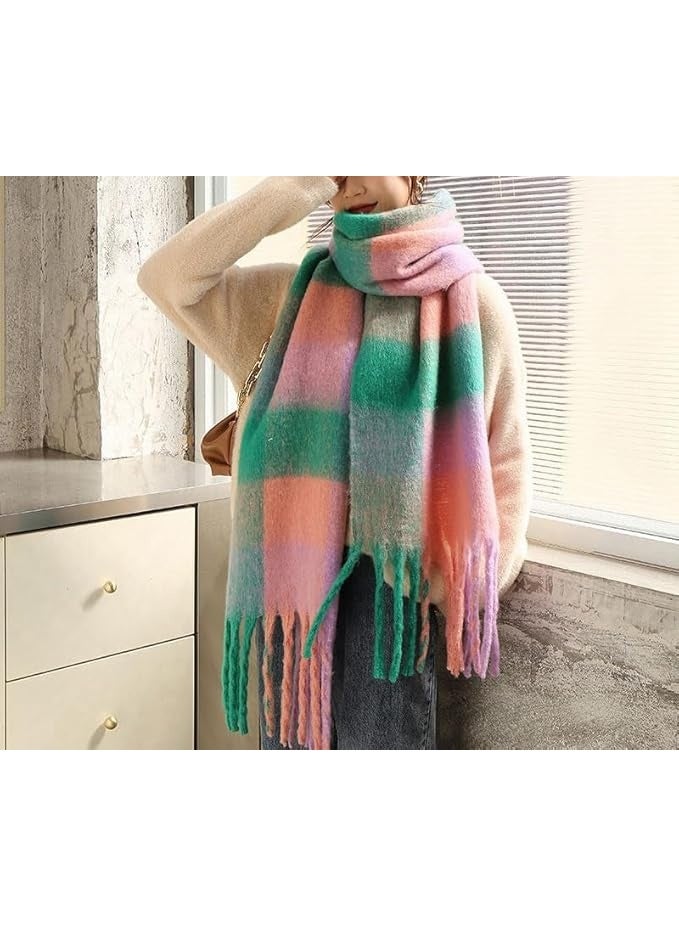 HZYH Winter Scarf for Women, Thick Knit Plaid Long Oversized Scarf, Soft Cashmere Feel Warm Shawl Wrap with Tassels, Cold Weather Fashion Blanket Scarf, Pink Green - Image 3