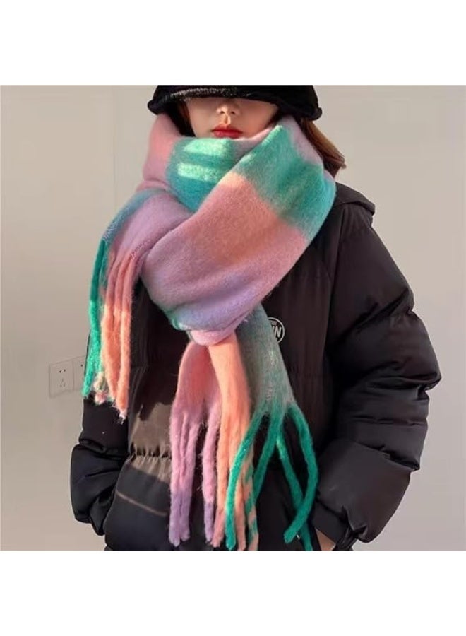 HZYH Winter Scarf for Women, Thick Knit Plaid Long Oversized Scarf, Soft Cashmere Feel Warm Shawl Wrap with Tassels, Cold Weather Fashion Blanket Scarf, Pink Green - Image 2
