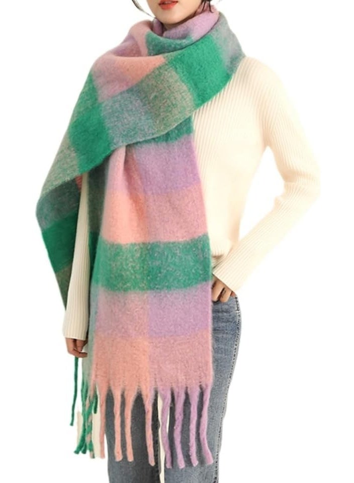 HZYH Winter Scarf for Women, Thick Knit Plaid Long Oversized Scarf, Soft Cashmere Feel Warm Shawl Wrap with Tassels, Cold Weather Fashion Blanket Scarf, Pink Green - Image 1