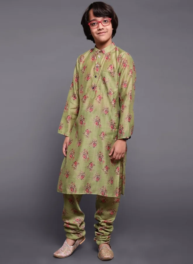 AKS Floral Printed Green Kurta Set For Boys