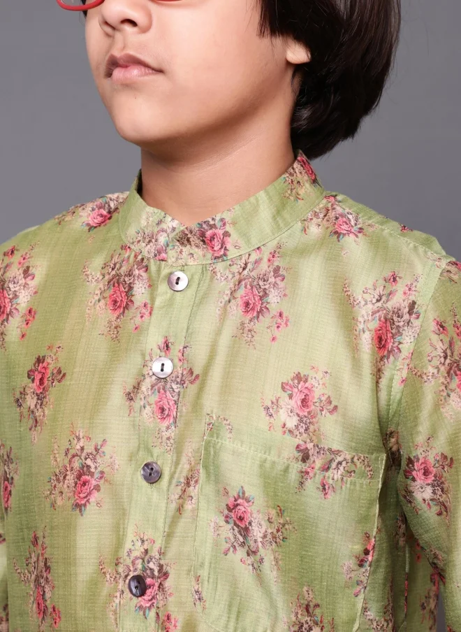 AKS Floral Printed Green Kurta Set For Boys