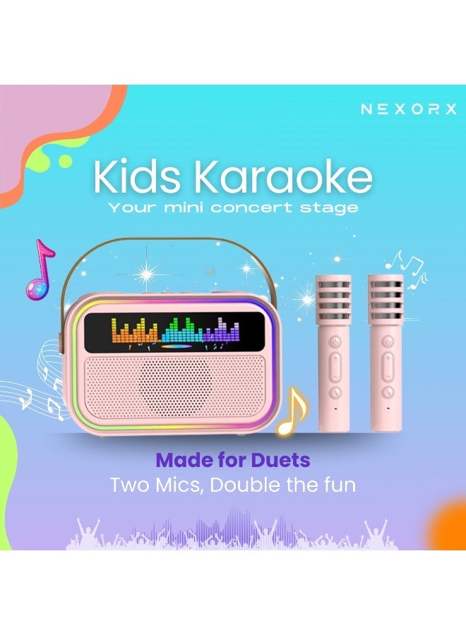 NEXORX Kids Karaoke Speaker with Double Microphones – Portable SingBoom, Bluetooth 5.0, 360° Surround Sound, AI Voice Effects, 4H Playtime, Rechargeable Type-C Battery Pink - Image 2